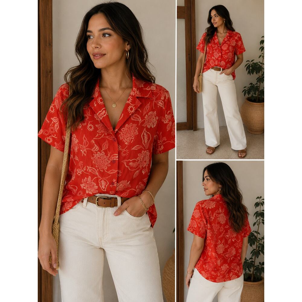 Josephine Chaus Red Floral Button Front Blouse Women’s Size 10